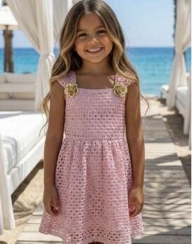 Golden Blossom Crochet Dress - roze