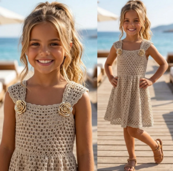 Golden Blossom Crochet Dress - beige